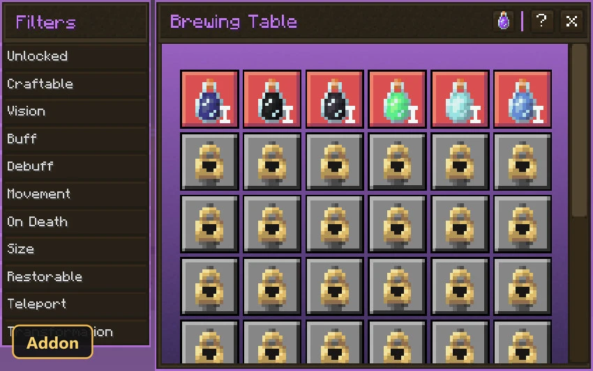 a brewing table menu showing different potion bottles