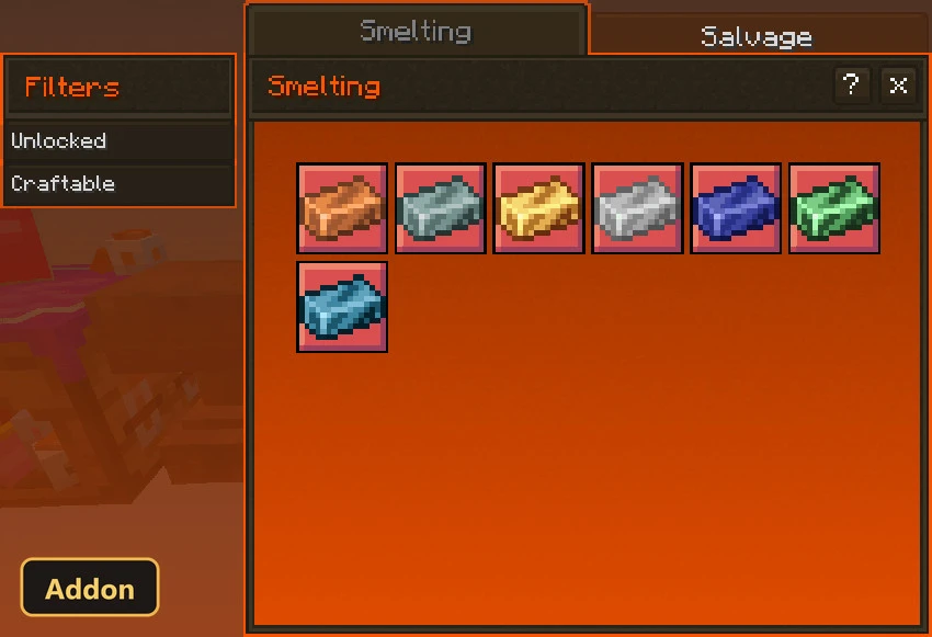 a smelting menu showing different metal ingots