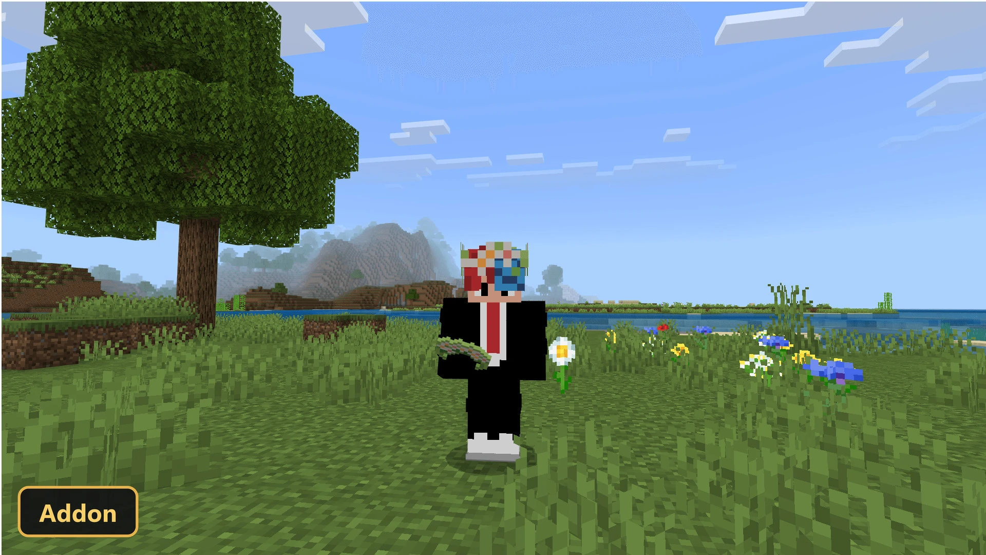 a player character in a suit holding a flower in a sunny field