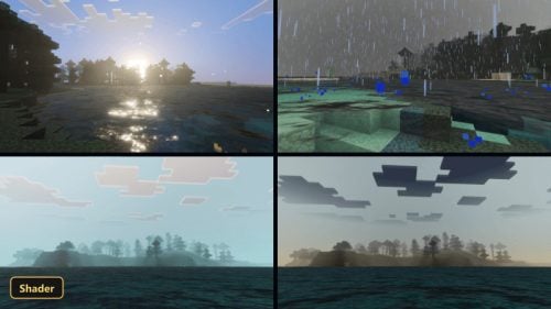 four-panel comparison of water, rain, and fog effects over water