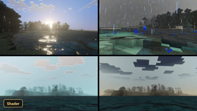 four-panel comparison of water, rain, and fog effects over water