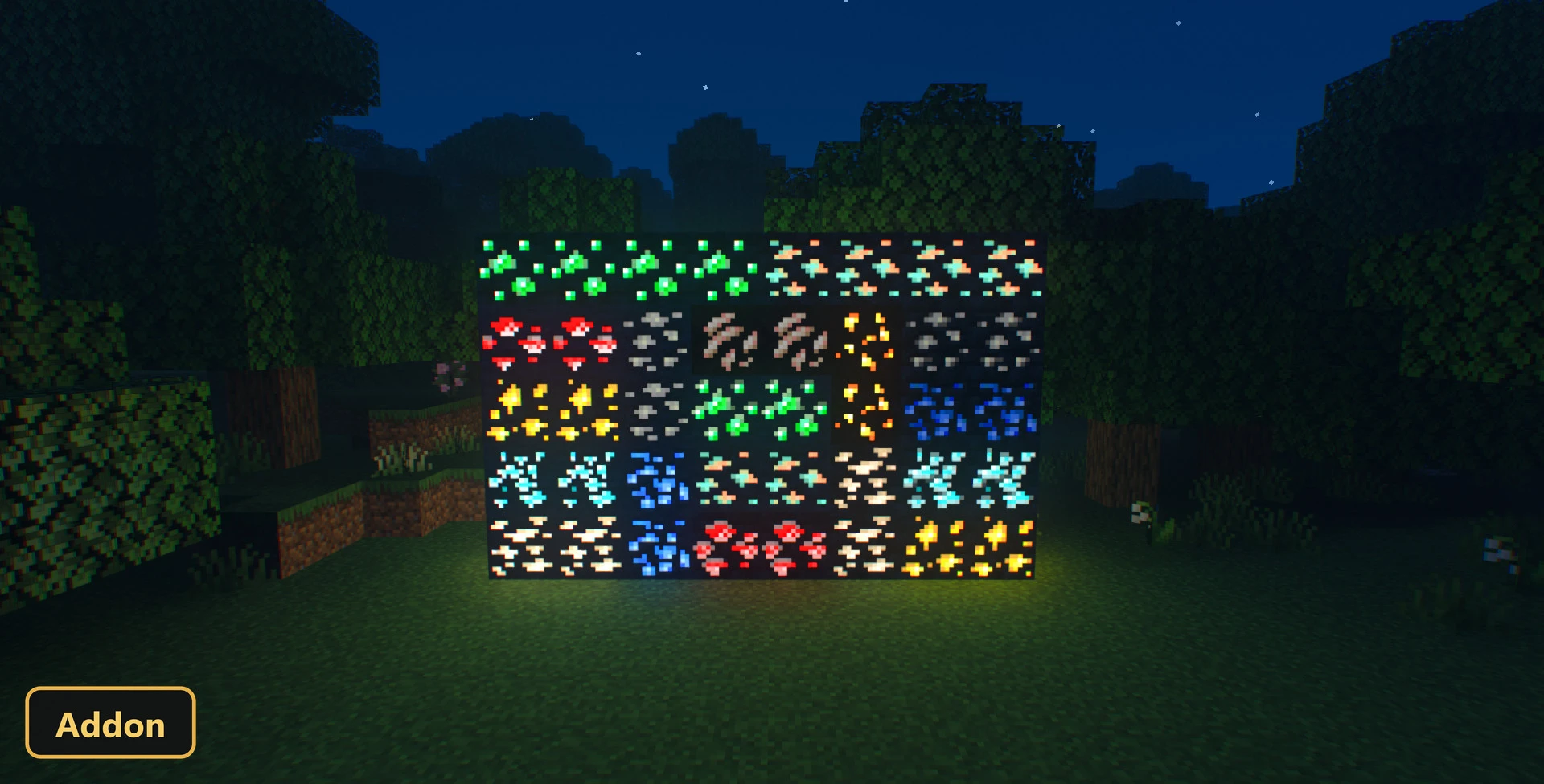 glowing ore blocks arranged in a grid in a dark forest