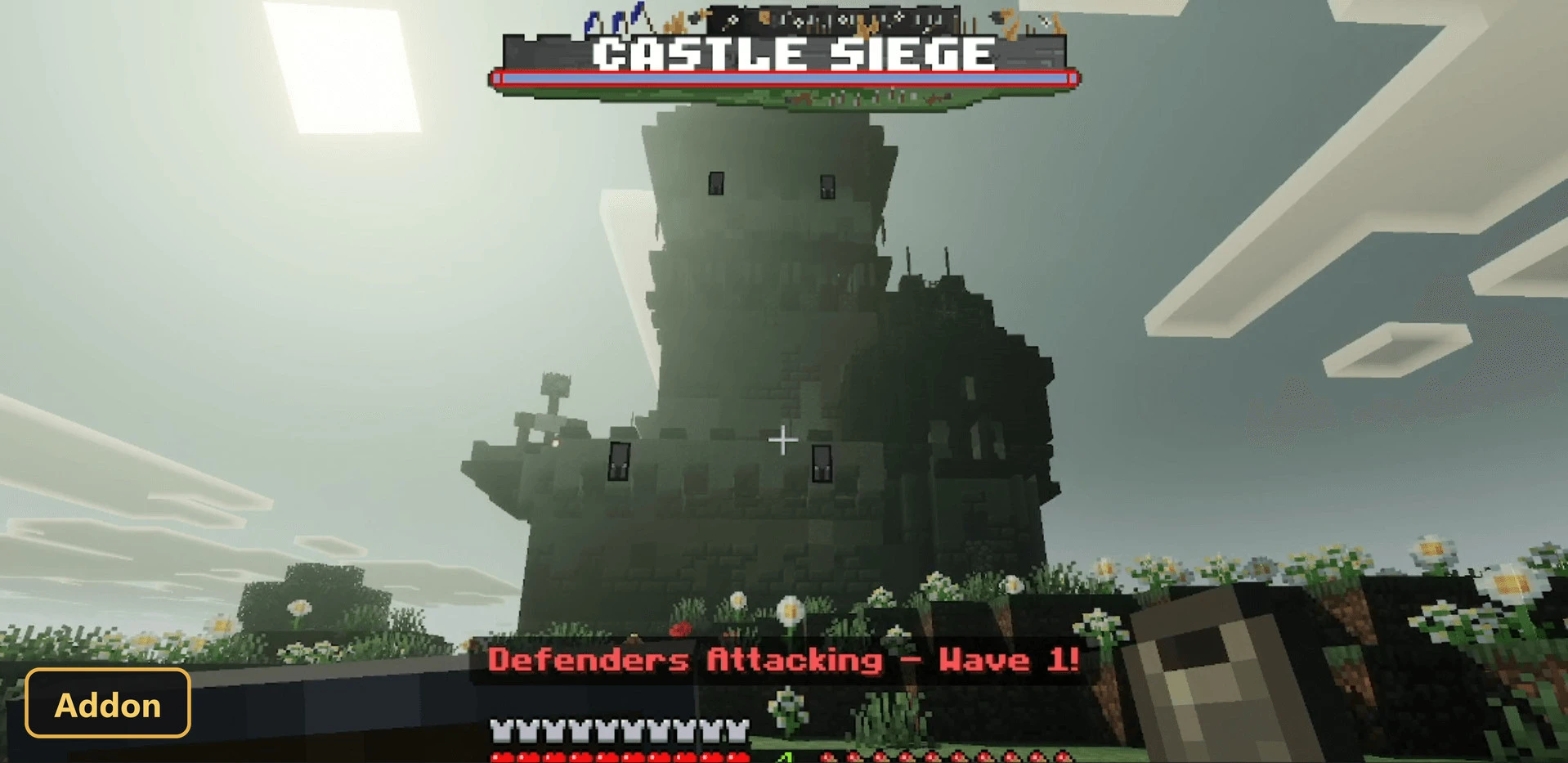 player perspective of a dark castle under a cloudy sky