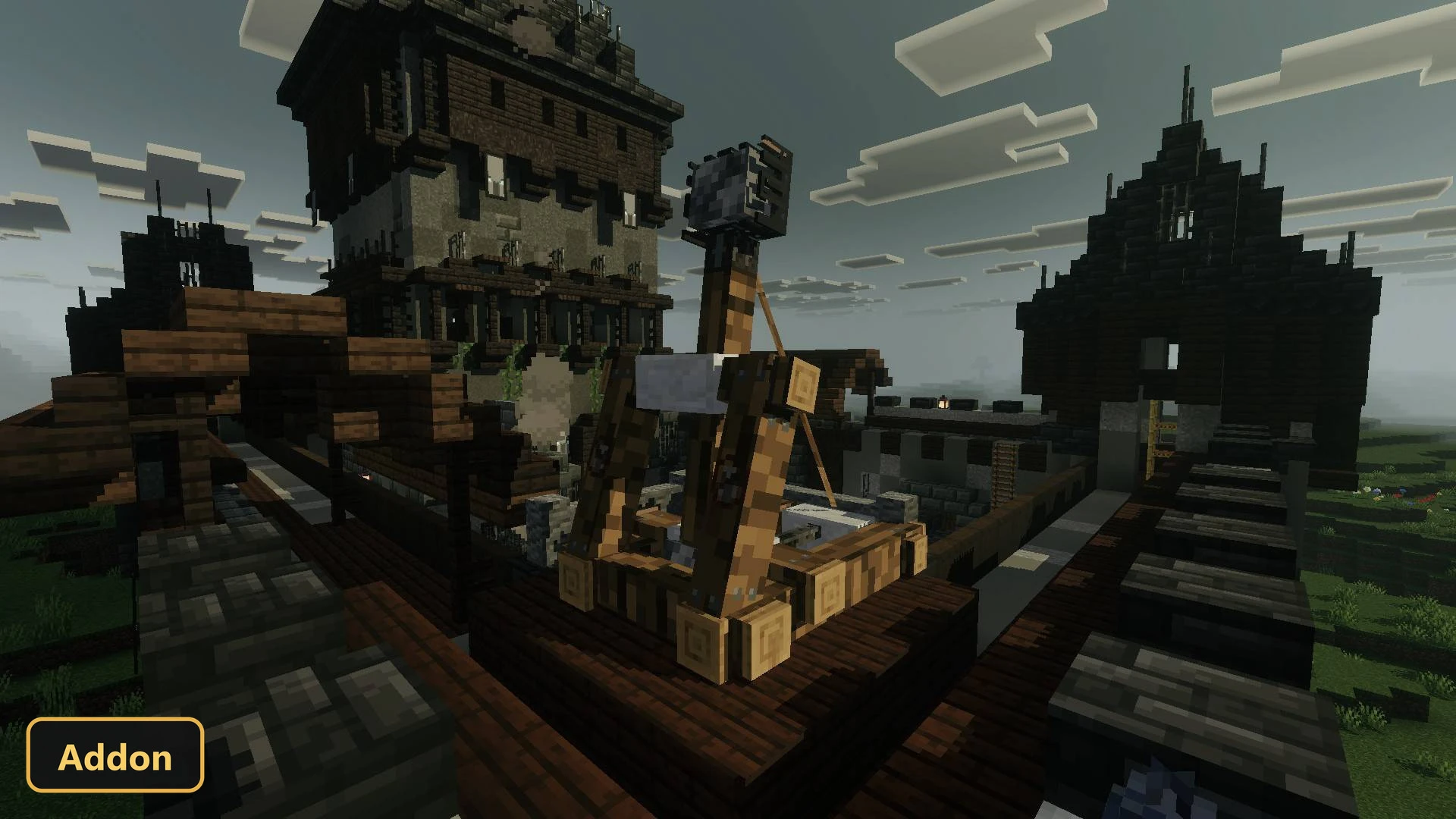 close-up of a catapult on a castle wall under dark clouds