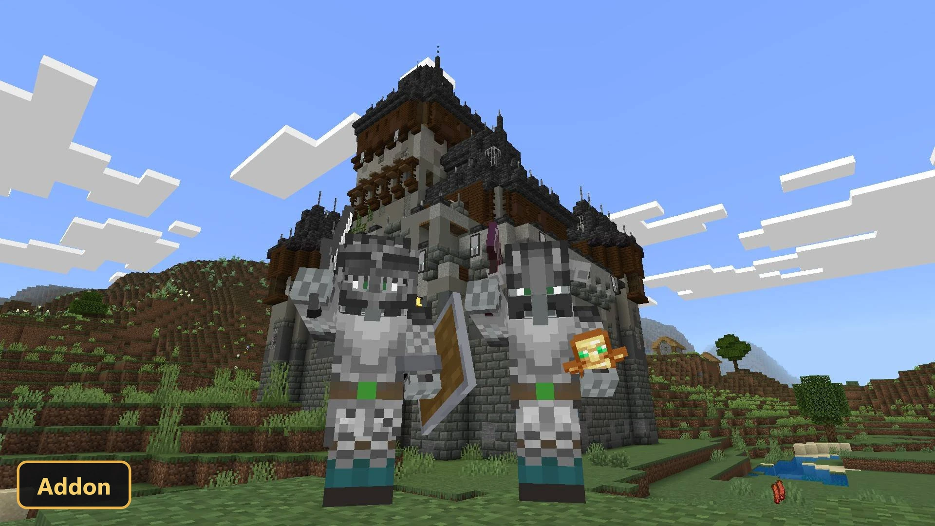 two armored knights in front of a large medieval castle