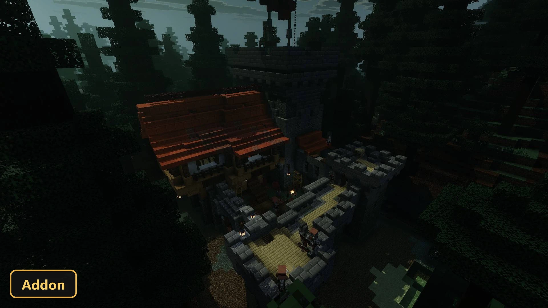 dark forest scene with a medieval house and stone tower