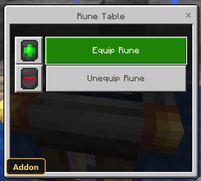 UI for equipping or unequipping a rune, with a background of glowing blocks