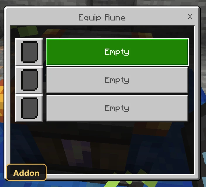 UI showing empty slots for equipping runes, with a background of glowing blocks