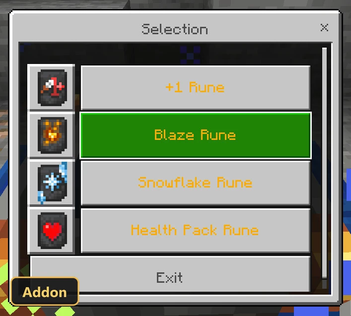 UI for selecting a specific rune, showing Blaze, Snowflake, and Health Pack runes