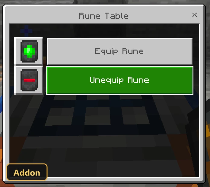 UI for unequipping a rune, with a background of glowing blocks
