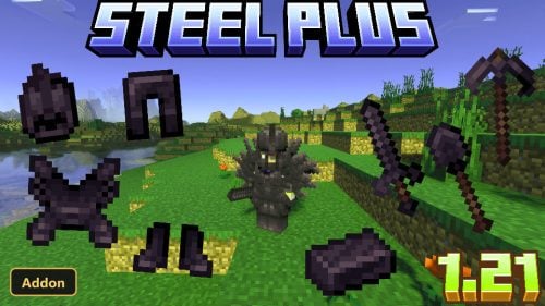 player in dark steel armor, tools, and ingots in a grassy biome