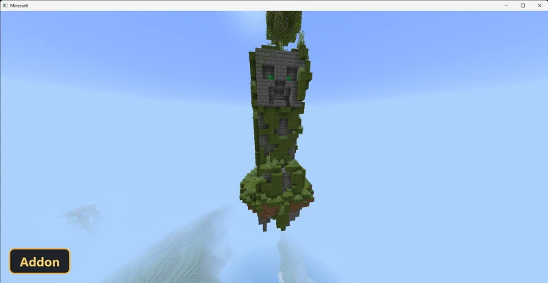 tall mossy stone structure with glowing green eyes, floating in sky