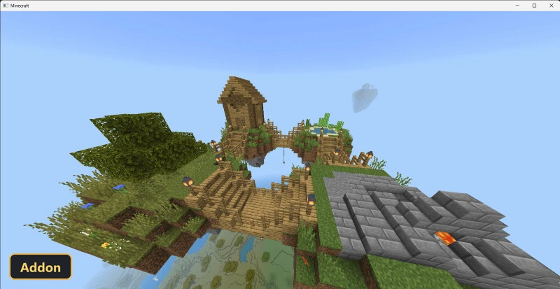 floating islands connected by wooden bridges, with small structures and foliage