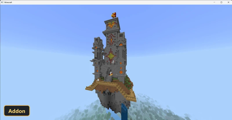 elaborate grey castle with orange and yellow accents, floating in sky