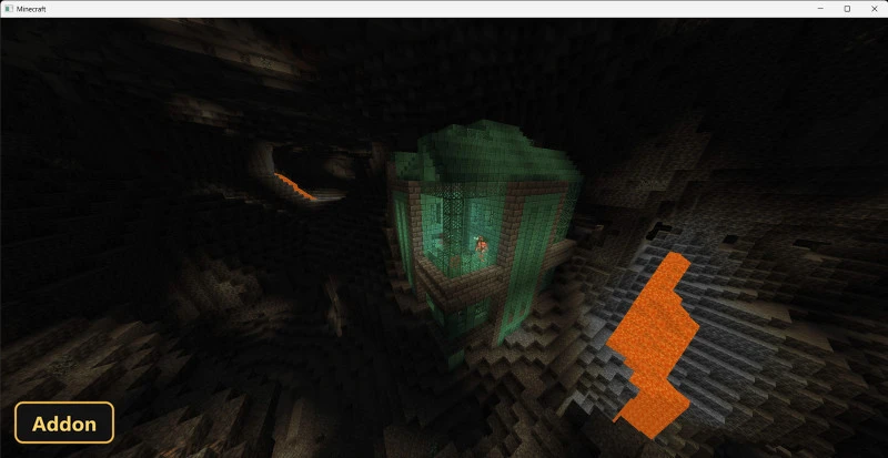 deep dark cave with a glowing green structure and lava flows