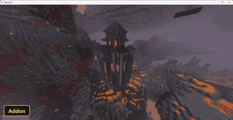 dark stone tower with orange glowing windows in a volcanic, snowy landscape