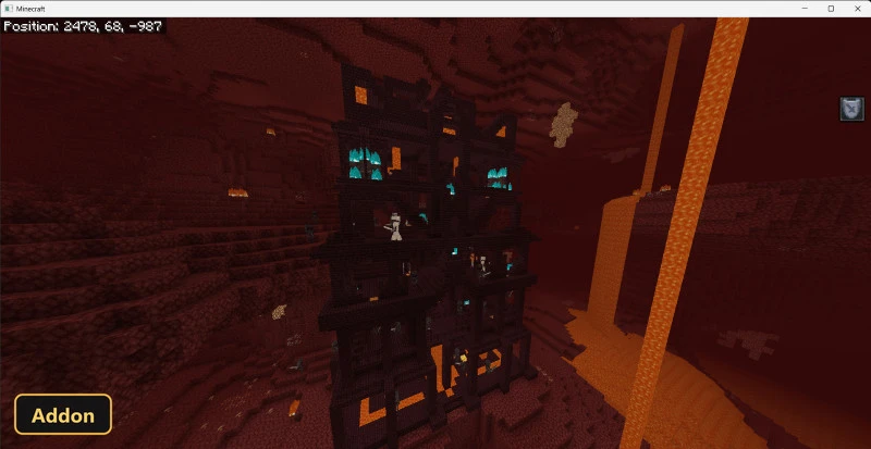 dark fortress with blue glowing blocks in a fiery Nether biome