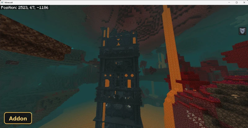 tall dark tower with orange glowing windows in a foggy Nether biome