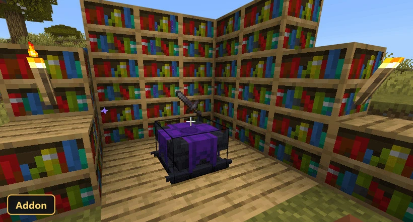 custom enchantment table surrounded by bookshelves in a grassy area, daytime