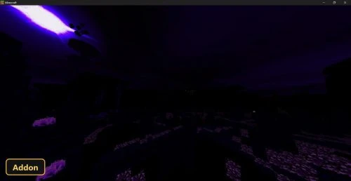 dark purple landscape with glowing particles and distant light beam