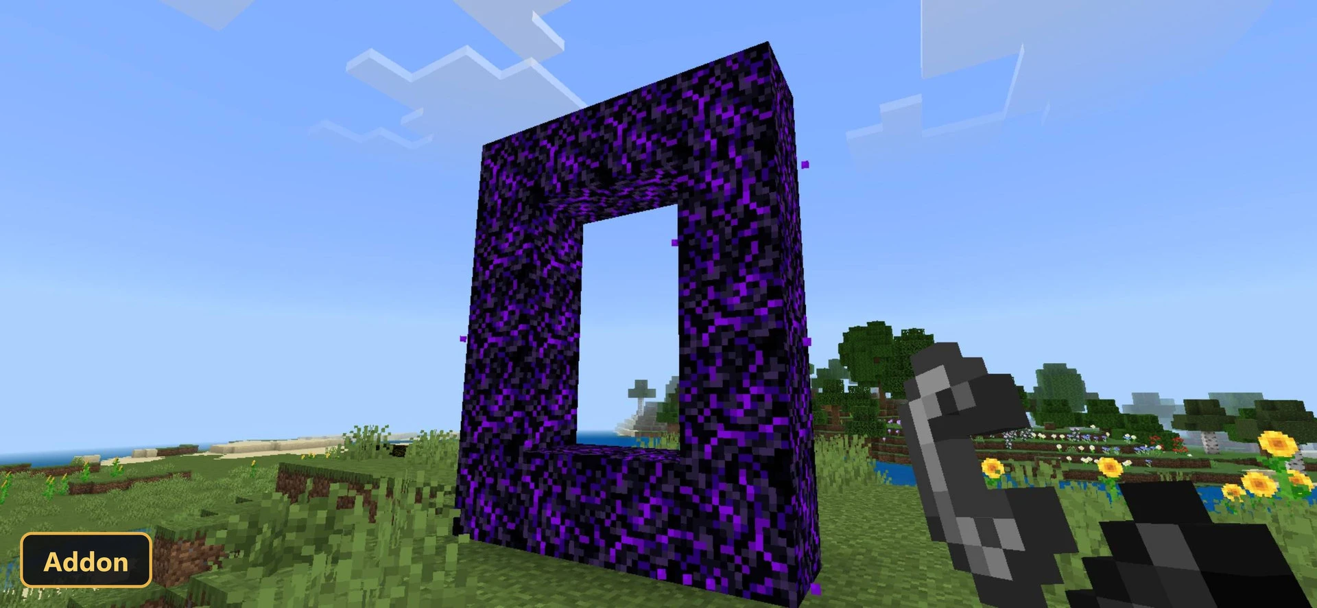 a purple obsidian nether portal in a grassy plains biome