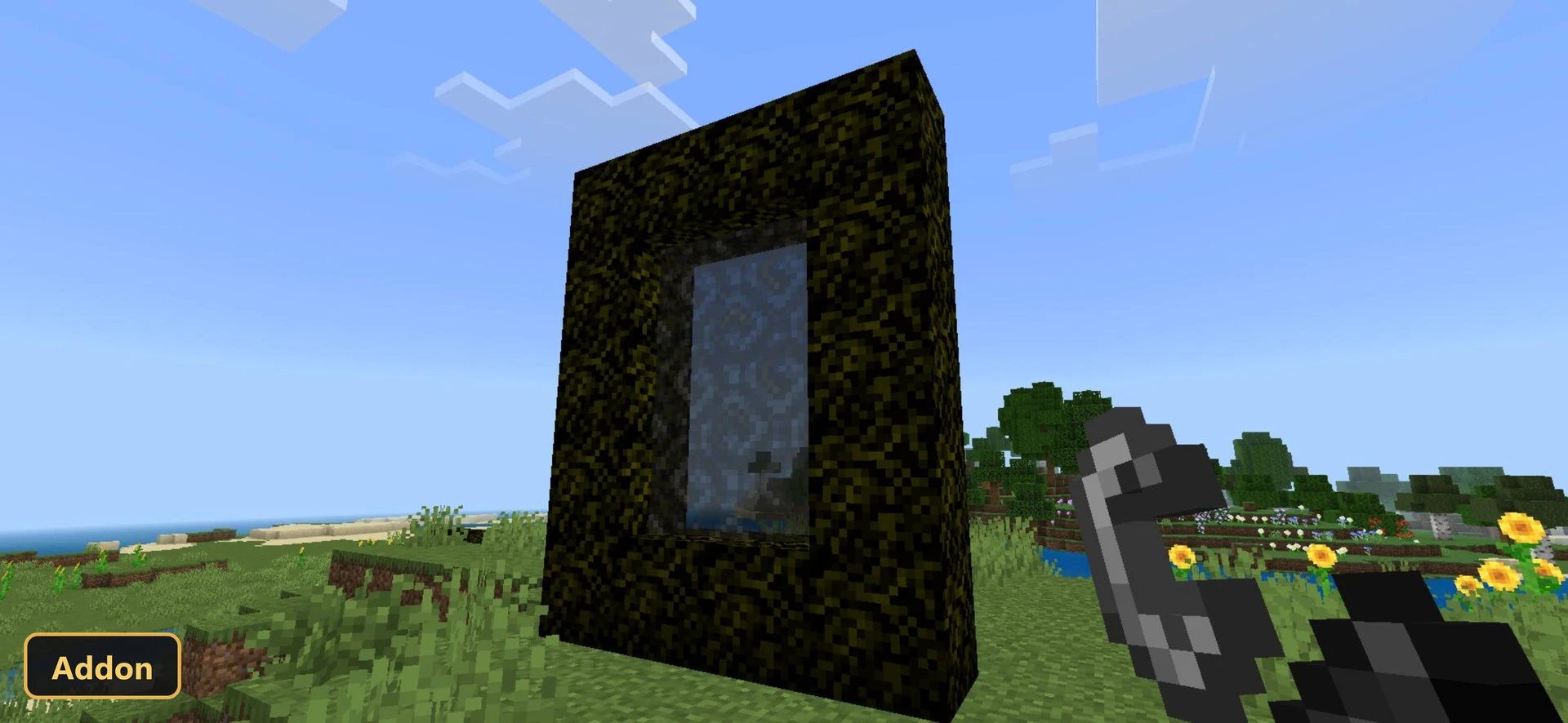 a mossy portal with a watery texture in a grassy plains biome