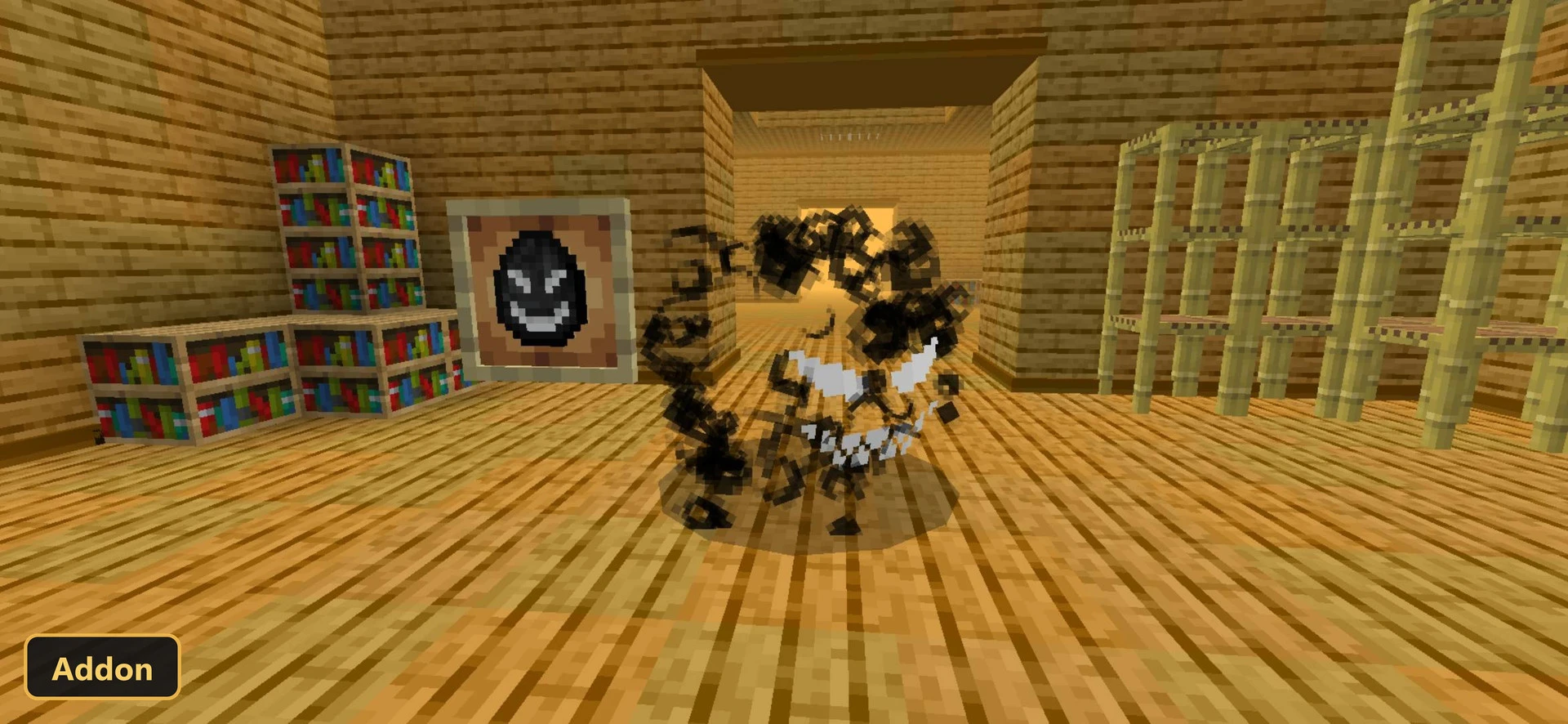 a spooky black and white monster in a wooden room