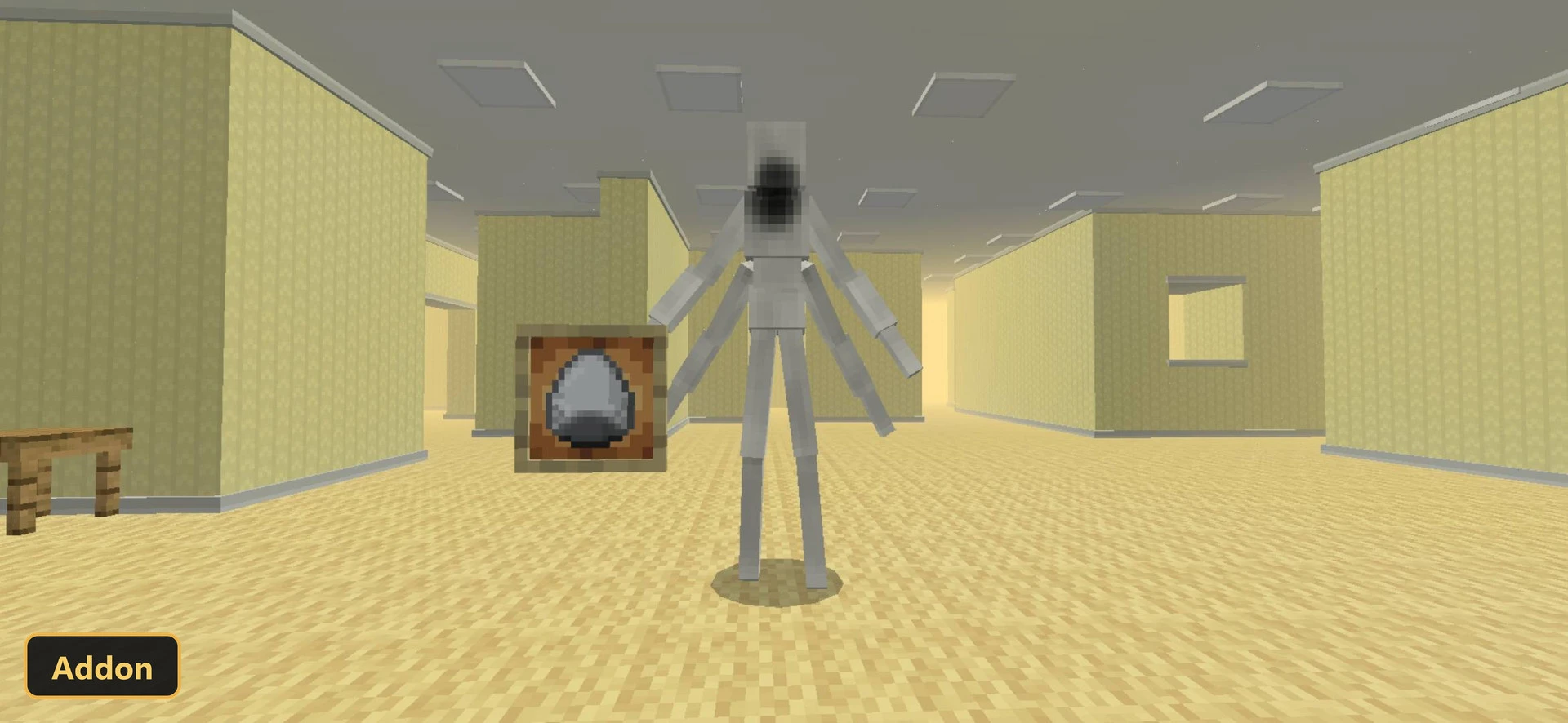 a tall white monster in a yellow backrooms-style environment
