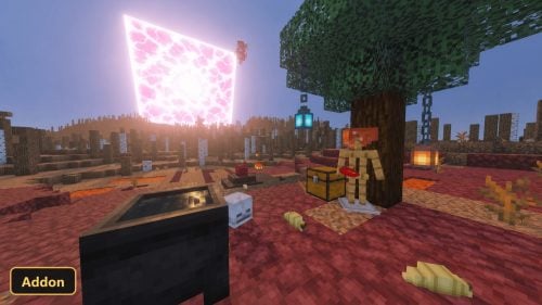 desolate red landscape with a glowing pink cube and small campsite