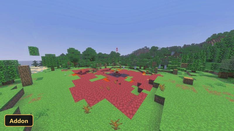 wide shot of a red and dark clearing in a forest