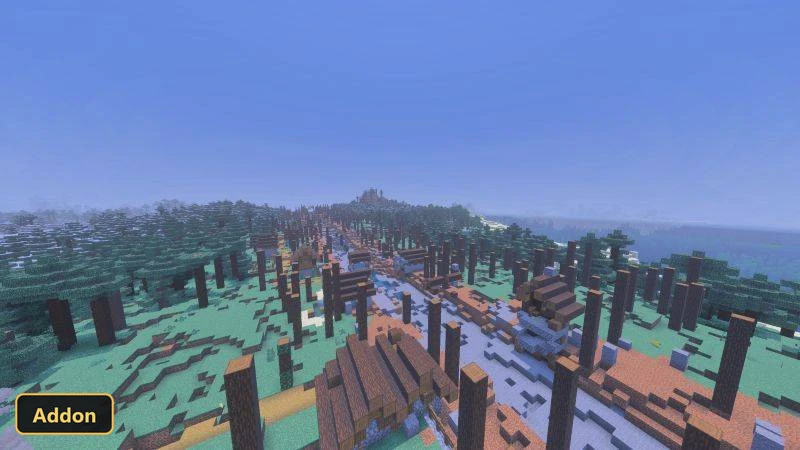 wide shot of a damaged forest with small wooden structures