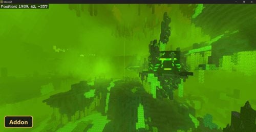 eerie green fog in a cavernous, alien-looking biome with floating structures