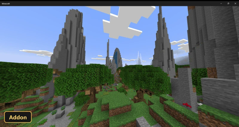 dramatic landscape with towering grey spires and small green trees