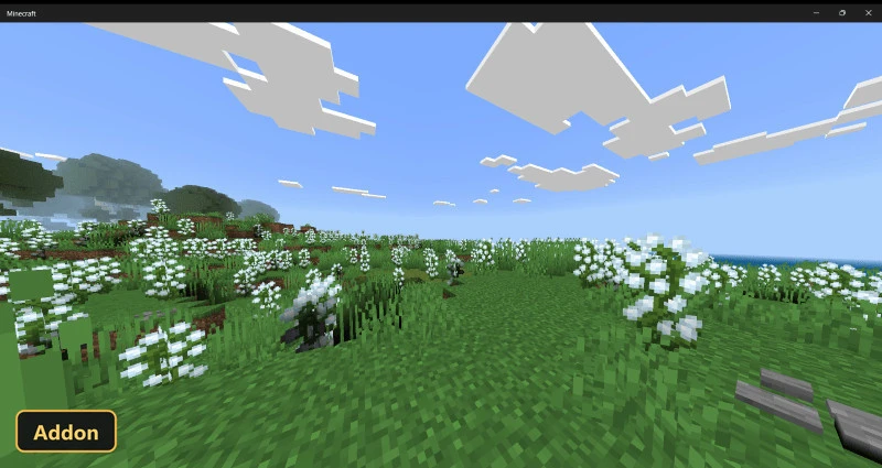 bright green field covered in white flowers near a body of water