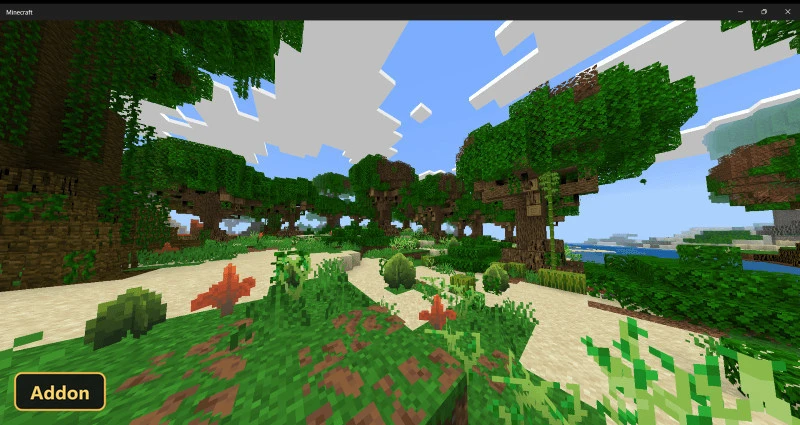 tropical forest with sandy paths, unique trees, and red mushrooms