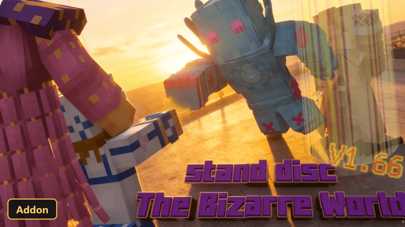 two custom-skinned players at sunset, desert biome, with title text