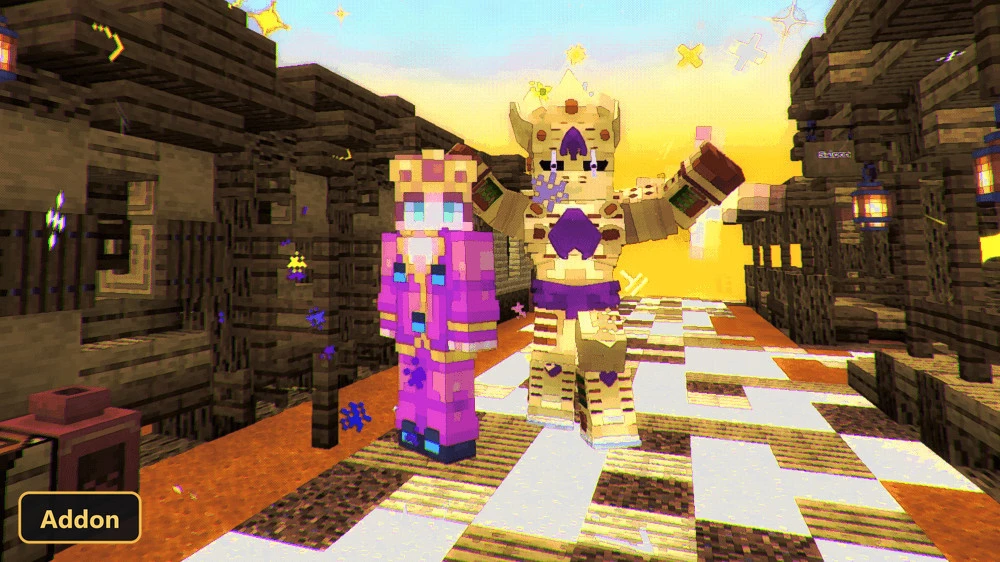two custom-skinned players in a wooden house at sunset