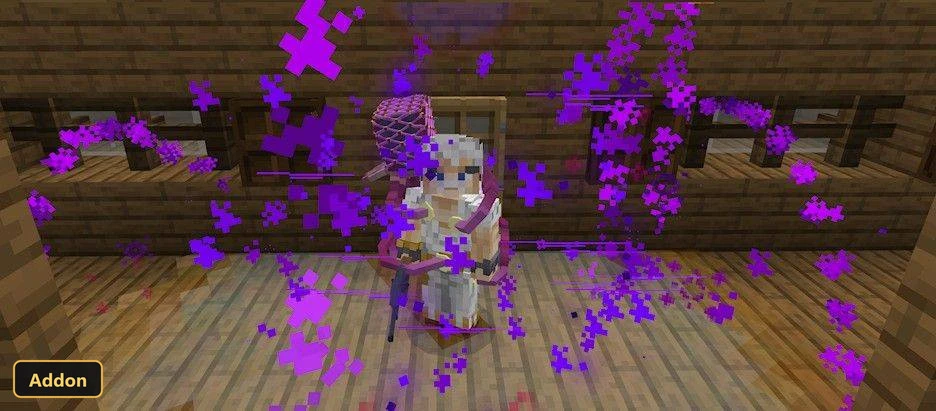 custom-skinned player with purple particles in a wooden house