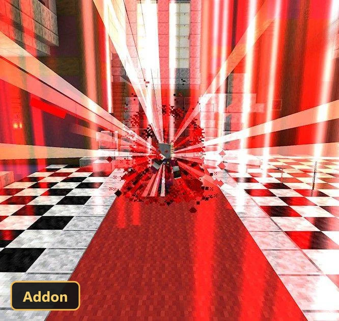 custom-skinned player in a red and white checkered room with light beams
