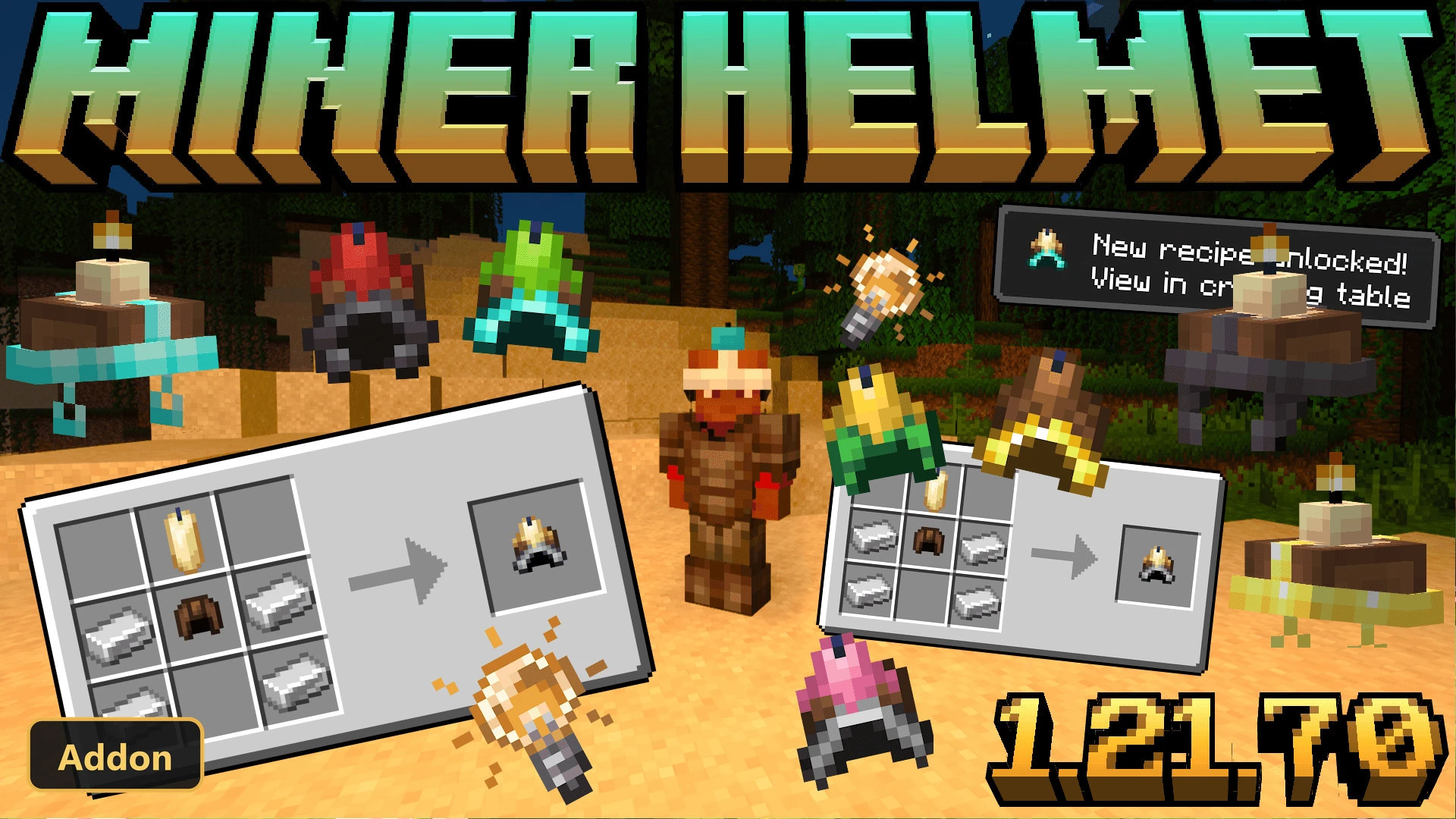 crafting recipes for miner helmets with candles, player wearing helmet