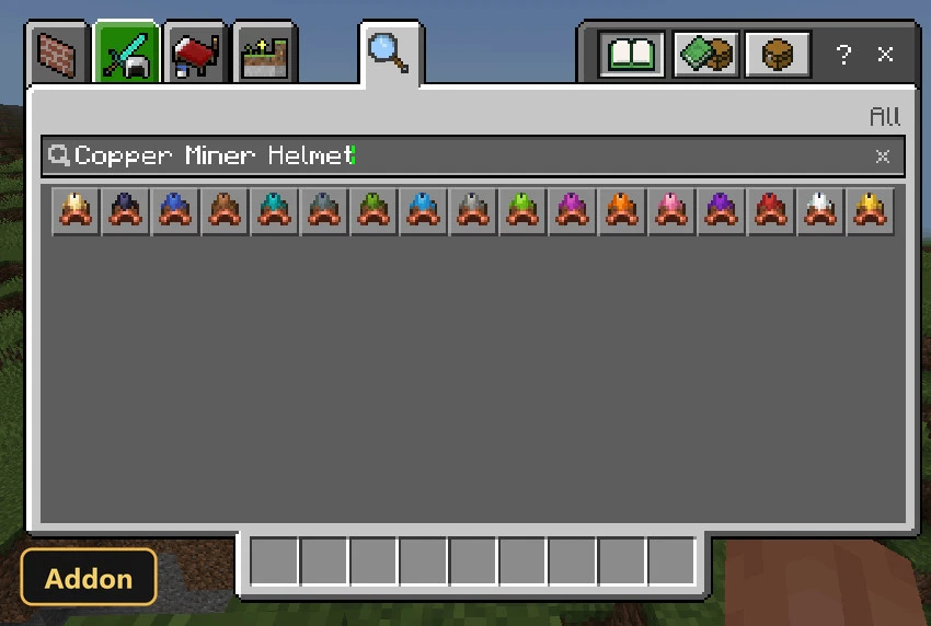 inventory screen showing various copper miner helmet variants
