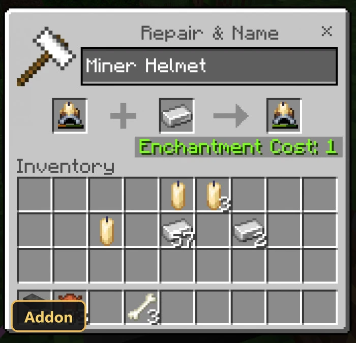 repair and name screen for a miner helmet using iron ingots