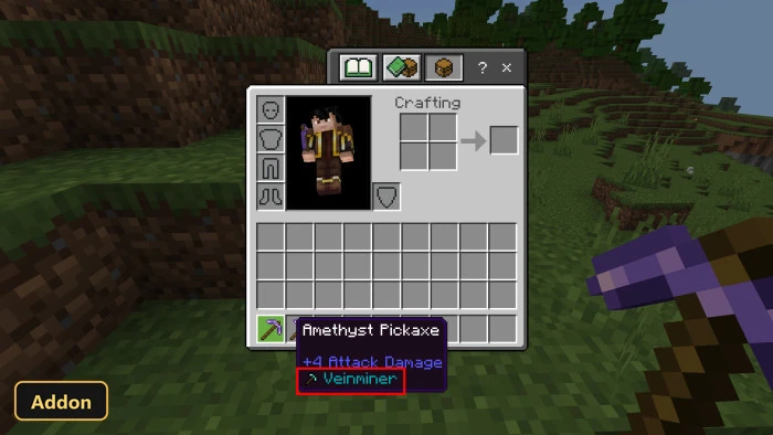 player inventory screen with an amethyst pickaxe tooltip in a grassy biome