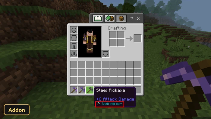 player inventory screen with a steel pickaxe tooltip in a grassy biome