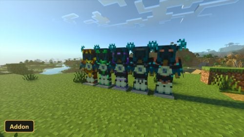 five armor stands with different colored warden armor in a plains biome