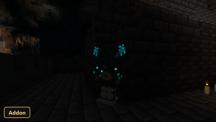 player in warden armor standing in a dark ancient city with candles