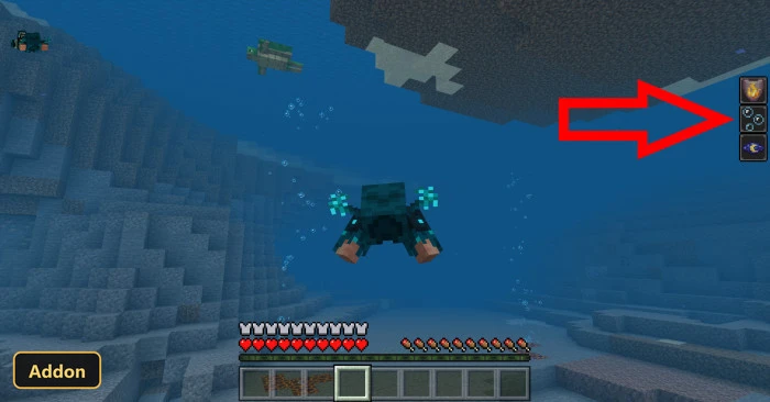 player in warden armor swimming underwater with a turtle and fish