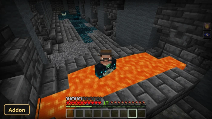 player standing on a lava flow in an ancient city hallway