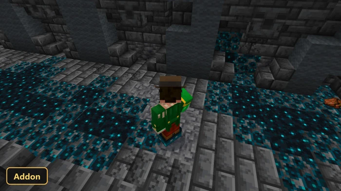 player in green armor looking at sculk blocks in an ancient city