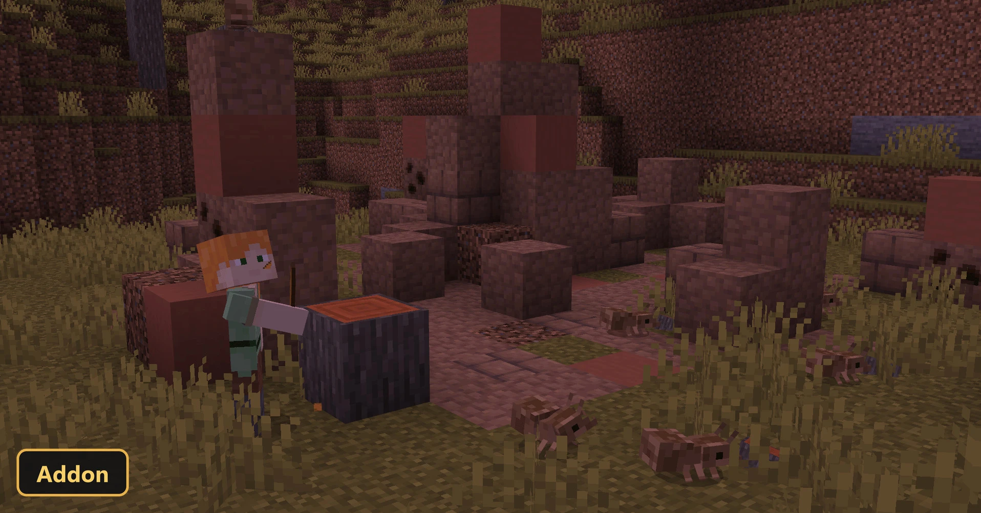 Alex cutting a log in a brown forest with small animals
